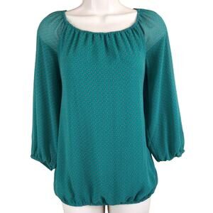 Ann Taylor Green Gray Trellis Print Scoop Neck Long Sleeve Loose Fit Popover top